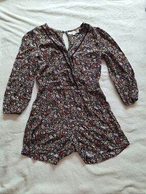 LOFT Floral Garden Wrap Romper SP S Petite 3/4 Sleeve Ladder Lace Trim Pockets